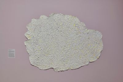 Howardena Pindell, Songlines: Connect the Dots (2017). Mixed media on canvas. 157.3 x 210.8 cm. Exhibition view: A New Language, Kettle's Yard, Cambridge (2 July–30 October 2022).