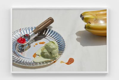 Roe Ethridge, Sliver Plate with Ice Cream (2017–2023). Dye sublimation print. 101.6 x 152.4 cm.