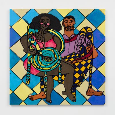 Tschabalala Self, Leisure Couple Together (2023). Silkscreen, enamel paint, acrylic paint, gouache, oil stick, oil pastel, and pastel on canvas. 183 x 183 cm.