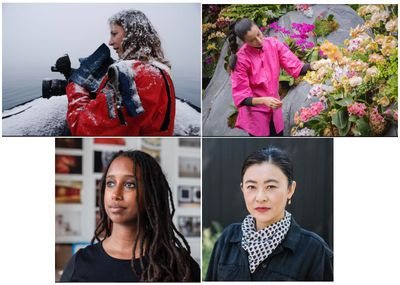 Four Chicago artists participating in HOW ON EARTH (clockwise): Janet Biggs (photo by Katja Aglert), Lily Kwong, Helina Metaferia (photo by Tommie Battle), Jennifer Wen Ma (photo by Andrea Spidell).
