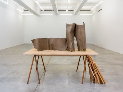 Chung Seoyoung, Trousers Peel (2024). Bronze, wood, plywood. 170.2 x 387.7 x 119.1 cm.