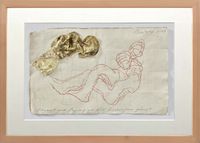 Fragment einer Papierfigur über Figurenpaar gebeugt (Fragment of paper figure bent over pair of figures) by Jürgen Brodwolf contemporary artwork drawing