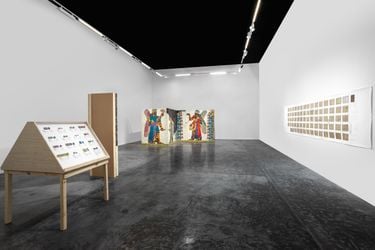 Exhibition view: Michael Rakowitz, The invisible enemy should not exist (Northwest Palace of Kalhu, Room S, Western Entrance), Green Art Gallery, Dubai (19 September–23 November 2022). Courtesy the artist and Green Art Gallery.