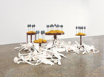 Jonathan Jones, untitled (emu eggs) after Étienne-Pierre Ventenat (2021–23); untitled (vases, armes, pêche) (2023). Ceramic work: Somchai Charoen. Courtesy the artists. Photo: Jenni Carter.