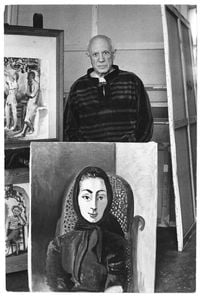 Pablo Picasso avec le portrait de Jacqueline à l'écharpe noire (1954) [Pablo Picasso with the portrait Jacqueline à l'écharpe noire (1954)] by David Douglas Duncan contemporary artwork photography