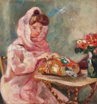Suzanne Valtat cousant by Louis Valtat contemporary artwork painting, works on paper