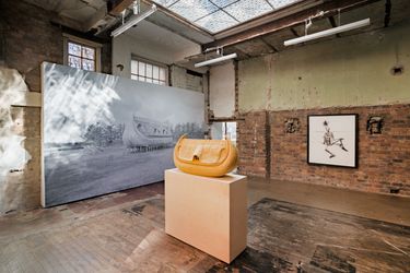 Exhibition view: Simon Starling, Houseboat for Ho (Presented by The Strawman), The Modern Institute,Bricks Space, Glasgow (25 April–25 May 2024).Courtesy The Artist and The Modern Institute. Photo: Patrick Jameson.