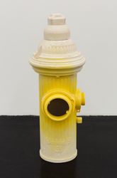 Stewart Uoo, Fire Hydrant with Two Holes in American Cheese Yellow (2021). Polyurethane paint, fibreglass, and gypsumcompound. 81 x 31 x 31 cm. Exhibition view: Group Exhibition, Bells, Galerie Buchholz, Cologne (24 September–29 October 2022). Courtesy Galerie Buchholz.