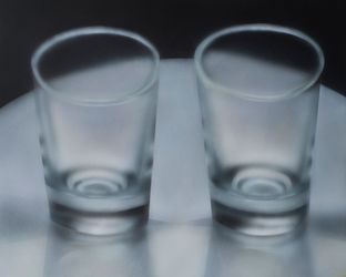 Zhang Yangbiao, Two Glass Cups (2023). Acrylic on canvas. 40 x 50 cm. Courtesy Studio Gallery, Shanghai.
