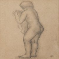 Une femme nue debout de trois-quarts dos tenant un voile by Aristide Maillol contemporary artwork works on paper, drawing