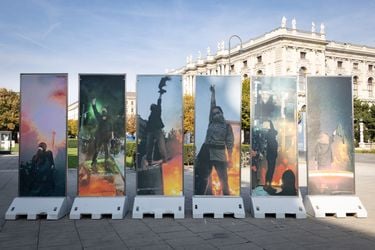 Exhibition view: Hoda Afshar, Women, Life, Freedom, MQ Forecourt, Vienna (2022). Courtesy © the artist and MuseumsQuartier Wien. Photo: Lorenz Seidler.Image from:Hoda Afshar's Fragments of RealityRead ConversationFollow ArtistEnquire