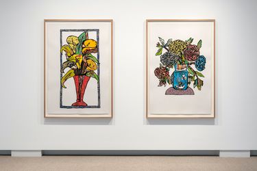 Left to right: Tony Albert, Conversations with Preston: Peace Lily (2020); Conversations with Preston: Ranunculus (2020). Acrylic and vintage appropriated fabric on Arches paper. 153 x 103 cm (both). Exhibition view: Conversations with Margaret Preston, Sullivan+Strumpf, Sydney (18 March–10 April 2021). Courtesy the artist and Sullivan+Strumpf.Image from:Tony Albert's Reverse Ethnography of AboriginaliaRead InsightFollow ArtistEnquire