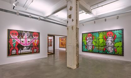 Exhibition view: Gilbert & George, THE BEARD PICTURES, Lehmann Maupin, Hong Kong (10 January–16 March 2019). Courtesy the artist and Lehmann Maupin, New York, Hong Kong, and Seoul. Photo: Kitmin Lee.