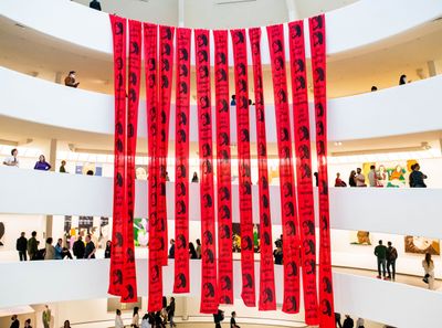 Blood-red Banners Fall at Guggenheim to Protest Iran Violence