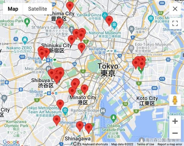 Map of galleres in Tokyo