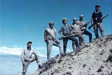 Lhama Tsering, Gyato Wangdu and men in Mustang, late 1960s, Ó Lhamo Tsering Archive/White Crane Films