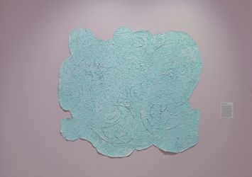 Howardena Pindell, Plankton Lace #1 (2020). Mixed media on canvas. Exhibition view: A New Language, Kettle's Yard, Cambridge (2 July–30 October 2022). Courtesy Kettle's Yard. Photo: Jo Underhill.Image from:Howardena Pindell: 'I am an artist, not part of a so-called minority'Read FeatureFollow ArtistEnquire