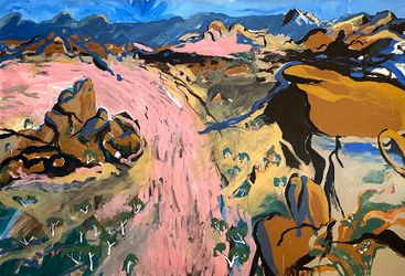 Zak Tilley, Lara Beinta through Mpulungkinya, Palm Valley (2022). Acrylic on canvas, 136.5 x 198 cm. Courtesy Martin Browne Contemporary.
