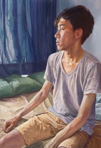 Morning-The bedroom with Navy curtain by Dongwook Suh contemporary artwork painting