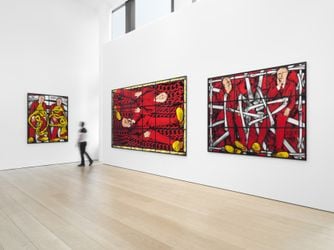 Exhibition view: Gilbert & George,THE CORPSING PICTURES, Lehmann Maupin, New York (22 June– 18 August 2023). © Gilbert & George. Courtesy the artists and Lehmann Maupin, New York, Hong Kong, Seoul, and London. Photo: ShootArt.
