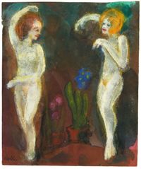 Akte, zwei Frauen blass (vor dunklem Grund mit Blumen) by Emil Nolde contemporary artwork painting, works on paper