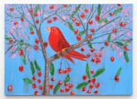 Horizontal Red Singing Finch (on Blue, with Spring Blossoms), 2023 by Ann Craven contemporary artwork painting, works on paper