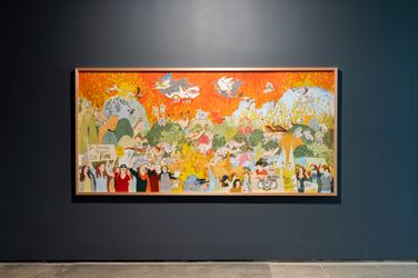 Khadim Ali, Untitled 1 (from 'Sermon on the Mount' series) (2020). Gouache, ink, and gold leaf on paper. 250 x 140 cm. Collection of the artist. Exhibition view: Invisible Border, Institute of Modern Art, Brisbane (10 April–5 June 2021). Courtesy Institute of Modern Art. Photo: Marc Pricop.Image from:Khadim Ali's Invisible Border Expands TraditionRead ConversationFollow ArtistEnquire
