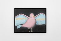 portrait of a pink bird (with blue and gold wings) by Andrew Sim contemporary artwork works on paper, drawing