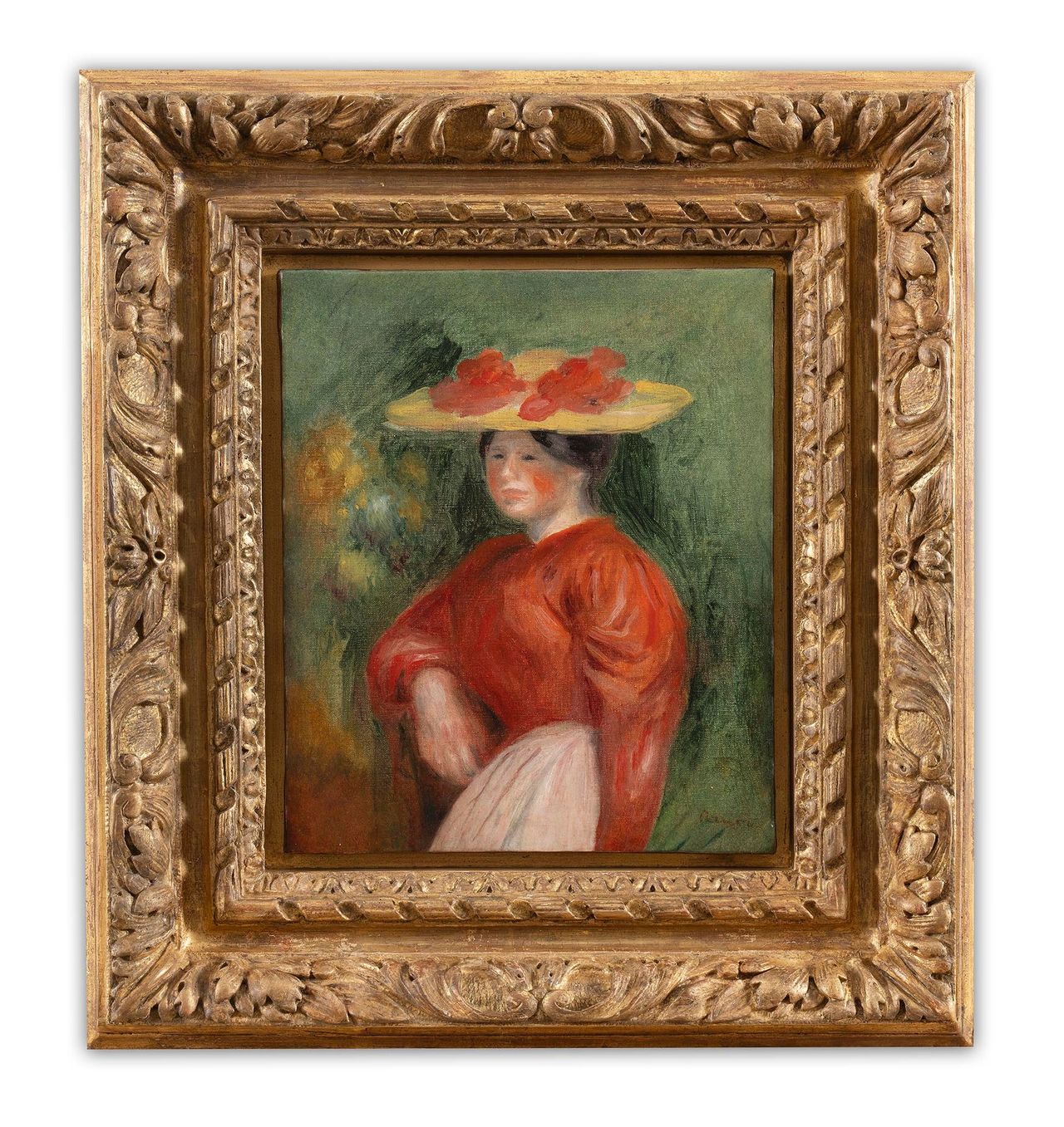 ルノワール、「JEUNE FEMME AU CORSAGE ROUGE」 Jeune femme au corsage rouge et au chapeau jaune, 1900 by Pierre