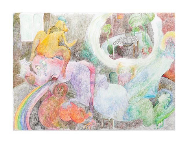 Sanguijuela, perro y arcoiris con mesa fantaseada by Liv Schulman contemporary artwork