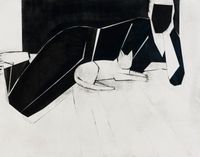 Untitled (lying figure, white cat) by Iris Schomaker contemporary artwork painting, works on paper