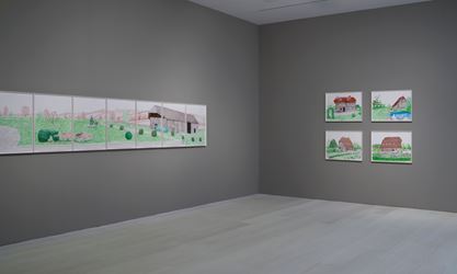 Exhibition view: David Hockney, La Grande Cour, Normandy, Pace Gallery, New York (14 September–19 October 2019). Courtesy Pace Gallery.