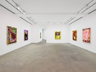 Exhibition view: Katherine Bernhardt, Dummy doll jealous eyes ditto pikachu beefy mimikyu rough play Galarian rapid dash libra horn HP 270 Vmax full art, David Zwirner, Hong Kong (20 May–5 August 2023). Courtesy the artist and David Zwirner, Hong Kong and Canada, New York.