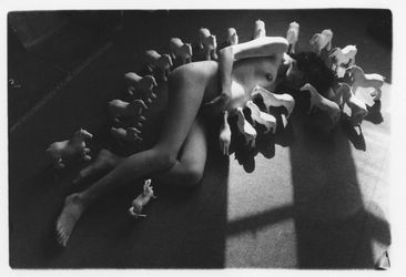 Rose English,  Tessa Pregnant with Joseph (1974/2021) . Black and white digital print from original 35mm B&W negative . 24 x 30.5 cm.  Courtesy Richard Saltoun Gallery.