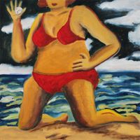 Giant girl with red bikini by Hiroya Kurata contemporary artwork painting, works on paper
