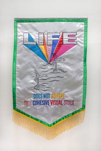 Slogan or Other Message in Vibrant Silk and Fringe VII by Dina Gadia contemporary artwork textile, textile, textile, textile