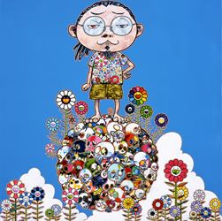 Takashi Murakami, Me Among The Supernatural (2013). Acrylic on canvasmounted on aluminum frame. 100 x100 cm.  © 2013 Takashi Murakami/Kaikai Kiki Co., Ltd. All Rights Reserved. Courtesy STPI, Singapore.