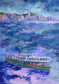 Swimmer next to Star Ferry by Chow Chun Fai contemporary artwork painting