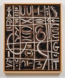 Adolph Gottlieb, Black and White On Pressed Wood (1950). Gouache and tempera on Masonite. 61 cm × 50.8 cm; 65.4 × 55.6 × 5.7 cm (incl frame). © Adolph and Esther Gottlieb Foundation/Licensed by VAGA at ARS, NY. Courtesy Pace Gallery.