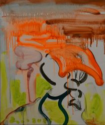 Yuyelai, Human in Animal 76_Orange umbrella (2021). Oil on canvas. 72.7 x 60.6 cm. Courtesy Whitestone Gallery, Taipei.
