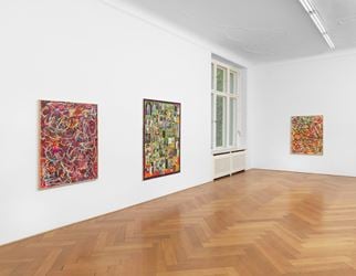 Exhibition view: Richard Hawkins, Collage Paintings, Gesture Paintings, Galerie Buchholz, Berlin (14 September–13 October 2018). Courtesy Galerie Buchholz.