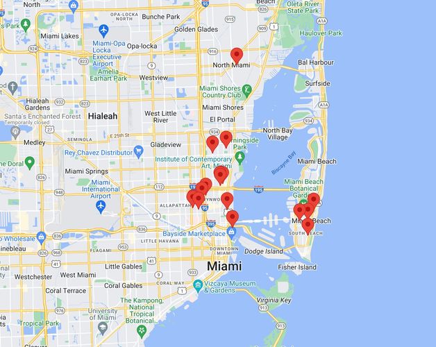 Map of galleres in Miami