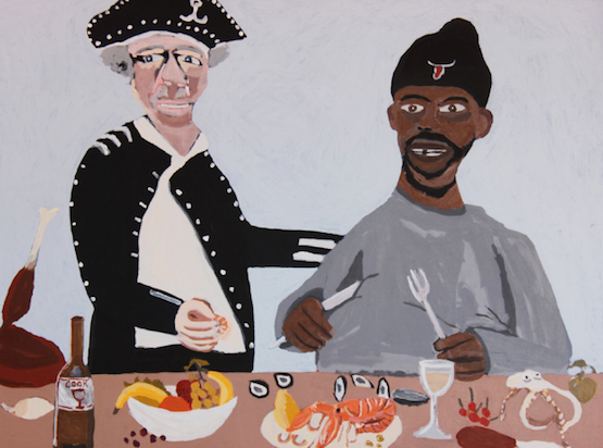 Vincent Namatjira, Cook's Dinner Party (2014). Acrylic on canvas. 91 x 122 cm.