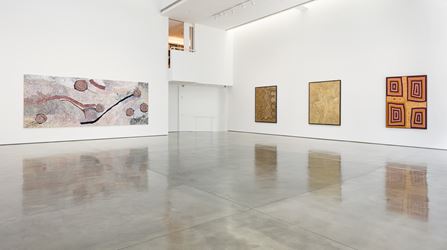 Exhibition view: Group Exhibition, Desert Painters of Australia Part II, Gagosian, Beverly Hills (26 July–6 September 2019). Artwork, left to right: © Bill Whiskey Tjapaltjarri; © Ronnie Tjampitjinpa/Copyright Agency. Licensed by Artists Rights Society (ARS), New York, 2019; © Warlimpirrnga Tjapaltjarri/Copyright Agency. Licensed by Artists Rights Society (ARS), New York, 2019; © Ronnie Tjampitjinpa/Copyright Agency. Licensed by Artists Rights Society (ARS), New York, 2019. Photo: Fredrik Nilsen.