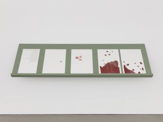 Lawrence Abu HamdanFor the Otherwise Unaccounted (shelf d), 4 thermographic prints and text panel on shelf, shelf: 30 x 182 x 52 cm, prints: 42 x 29.7 cm, text panel: 42 x 24 cm, 2020