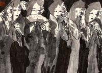 Five Beauties Holding Fans with Five Parrots by Walasse Ting contemporary artwork painting, works on paper, drawing
