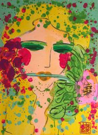 Girl Holding a Flower in her Mouth by Walasse Ting contemporary artwork painting, works on paper, drawing
