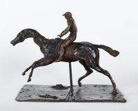 Cheval au galop sur le pied droit, le pied gauche arrière seul touchant terre ; jockey monté à cheval by Edgar Degas contemporary artwork sculpture