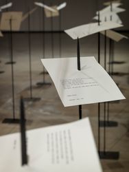 Shilpa Gupta, For, In Your Tongue, I Cannot Fit (2017–2018). Sound installation with 100 speakers, microphones, printed text, and metal. Commissioned by YARAT Contemporary Art Space and Edinburgh Art Festival. Photo: Pat Verbruggen. Courtesy Barbican Centre.Image from:Shilpa Gupta's Dialogue of SlownessRead ConversationFollow ArtistEnquire