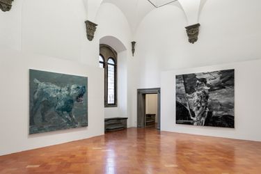 Left to right: Yan Pei-Ming, Chien hurlant (2022). Oil on canvas. 240 x 280 cm; Hitler, d'après Hubert Lanzinger (2012). Oil on canvas. 280 x 280 cm. Exhibition view: Painting Histories, Palazzo Strozzi, Florence (7 July–3 September 2023). Photo: Ela Bialkowska, OKNO studio.Image from:Yan Pei-Ming: A Witness to HistoryRead FeatureFollow ArtistEnquire
